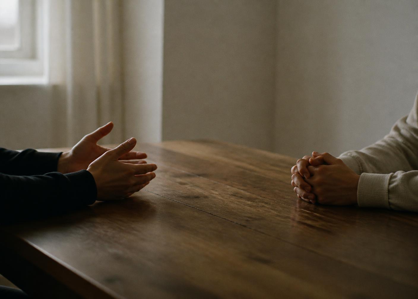 Two people in conversation across a wooden table in soft window light